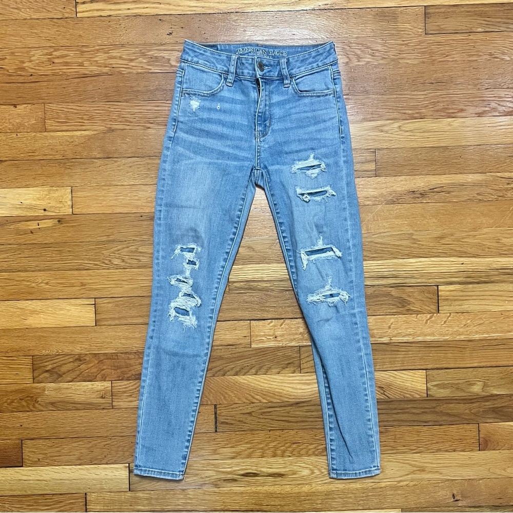 Distressed Double-Lined Light Blue Women's Jeans from American Eagle